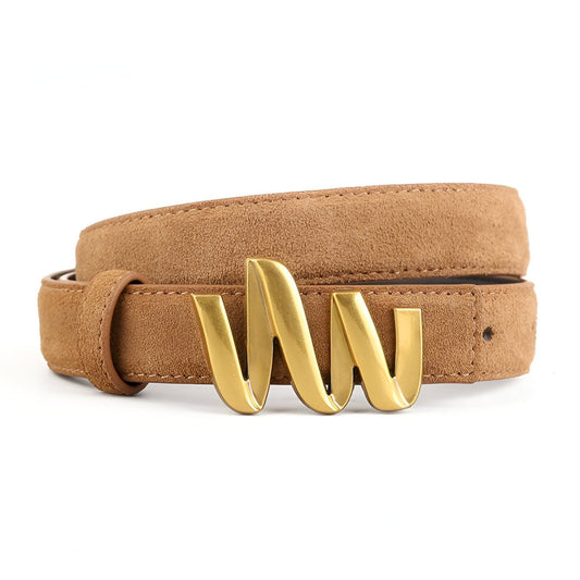 Ceinture en cuir véritable suédé, à boucle ondulée dorée, modèle Laura - La Boutique de la Ceinture