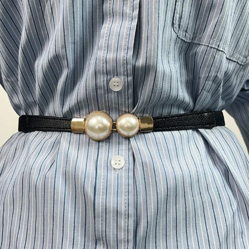 Ceinture fine élastique femme boucle double perle dorée, modèle Perla - La Boutique de la Ceinture