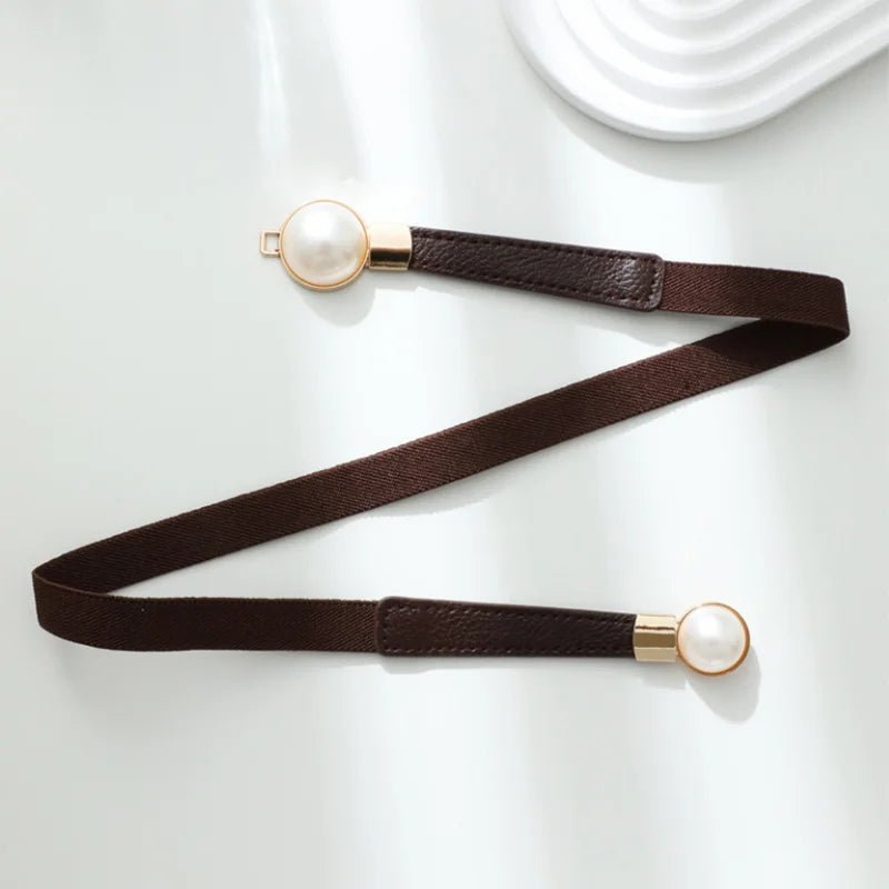 Ceinture fine élastique femme boucle double perle dorée, modèle Perla - La Boutique de la Ceinture