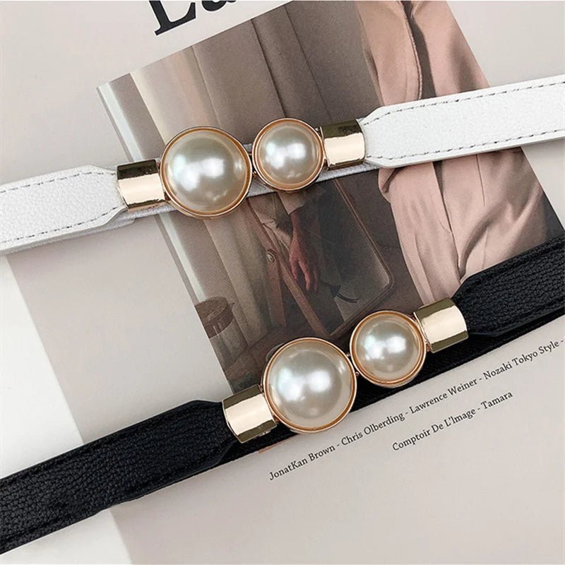 Ceinture fine élastique femme boucle double perle dorée, modèle Perla - La Boutique de la Ceinture