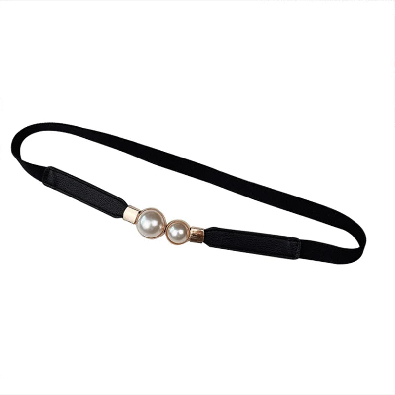 Ceinture fine élastique femme boucle double perle dorée, modèle Perla - La Boutique de la Ceinture
