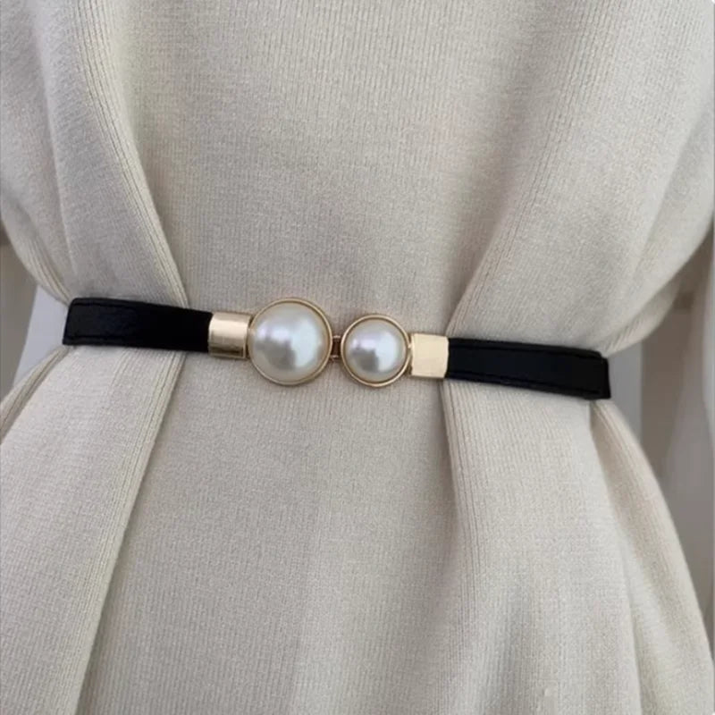 Ceinture fine élastique femme boucle double perle dorée, modèle Perla - La Boutique de la Ceinture