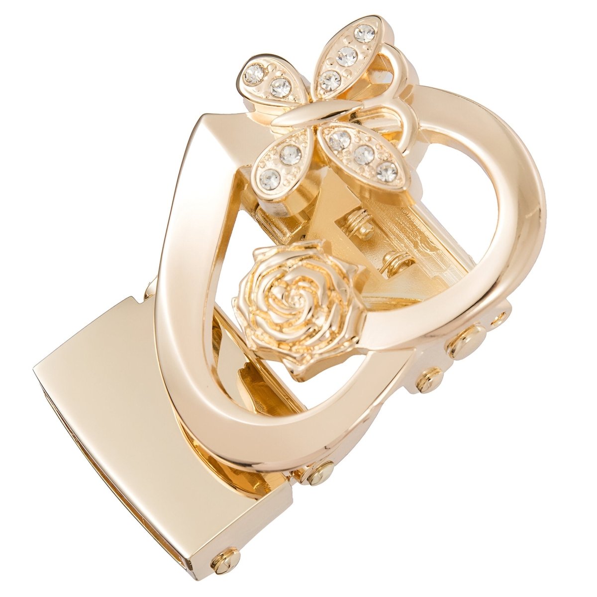 Boucle de ceinture automatique, motif cœur, papillon et rose, modèle Rosalya - La Boutique de la Ceinture