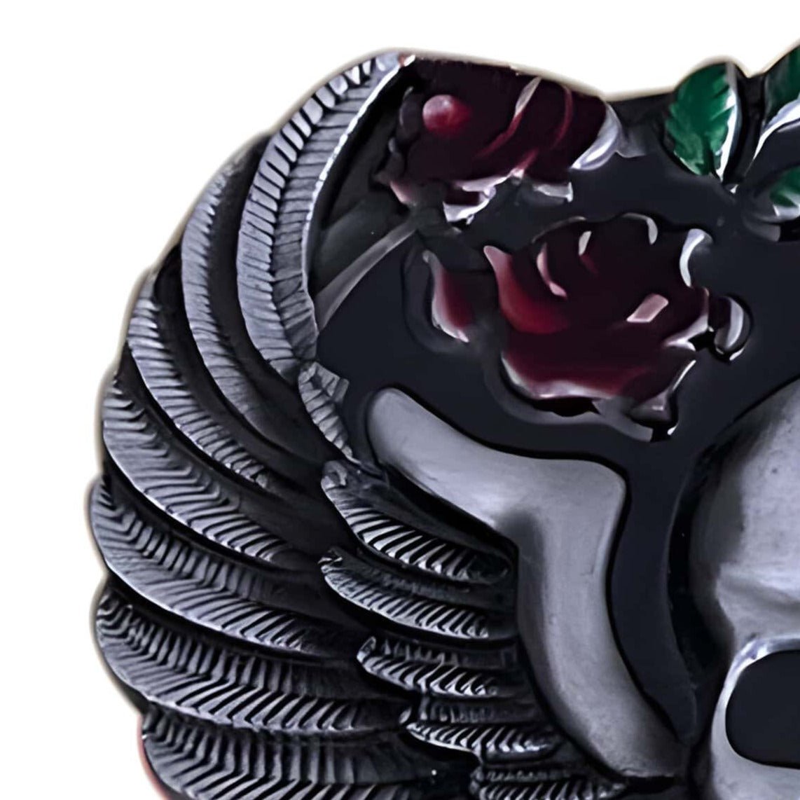Boucle de ceinture Tête de Mort, ailée avec roses, modèle Bodhi - La Boutique de la Ceinture