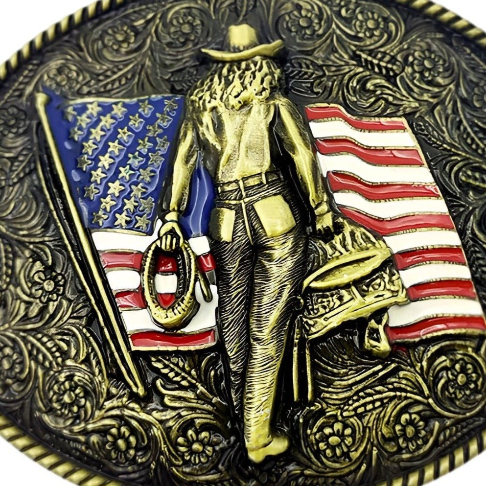 Boucle de ceinture Western, cow-boy sur drapeau américain, modèle Duke - La Boutique de la Ceinture