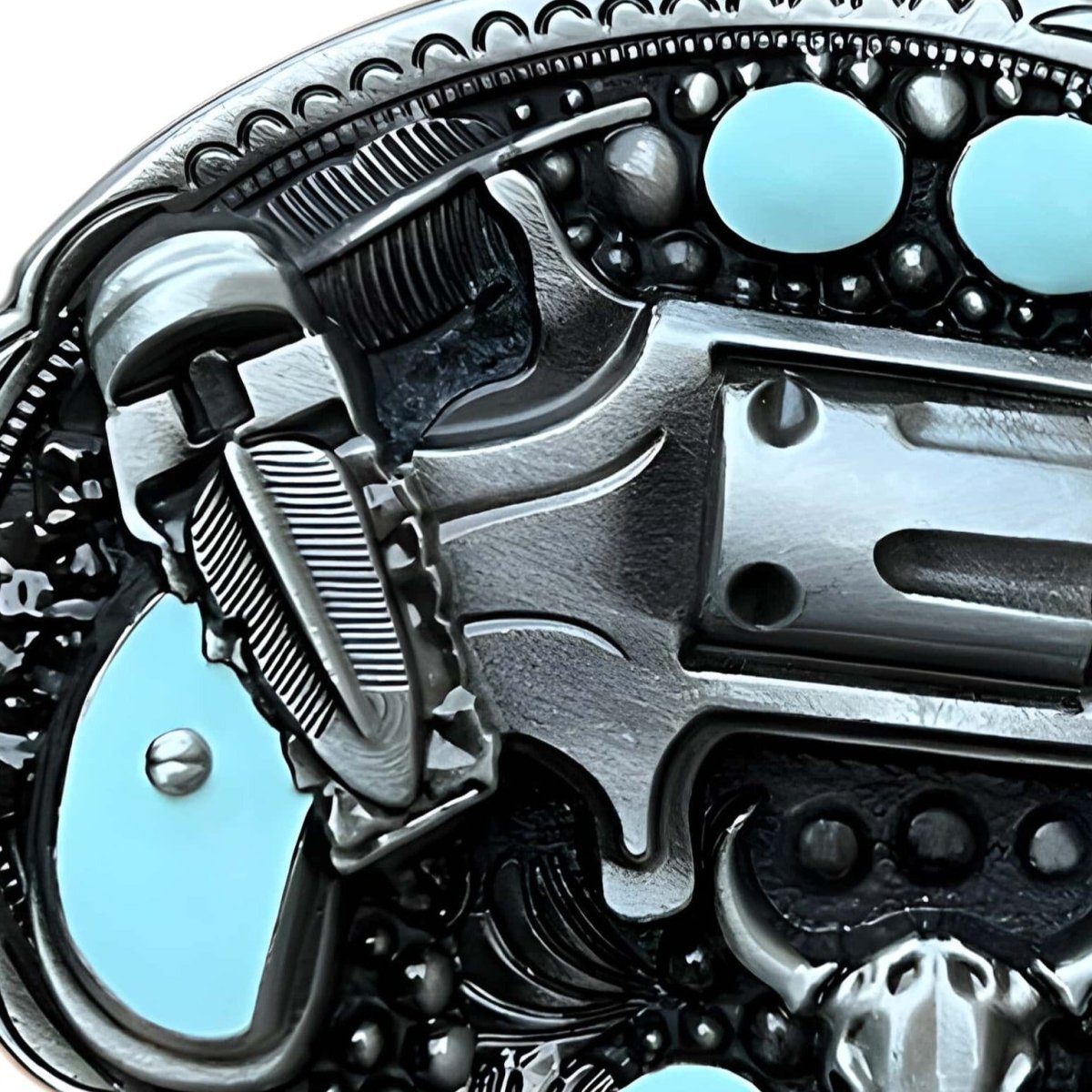 Boucle de ceinture Western, motif revolver, modèle Nathan - La Boutique de la Ceinture