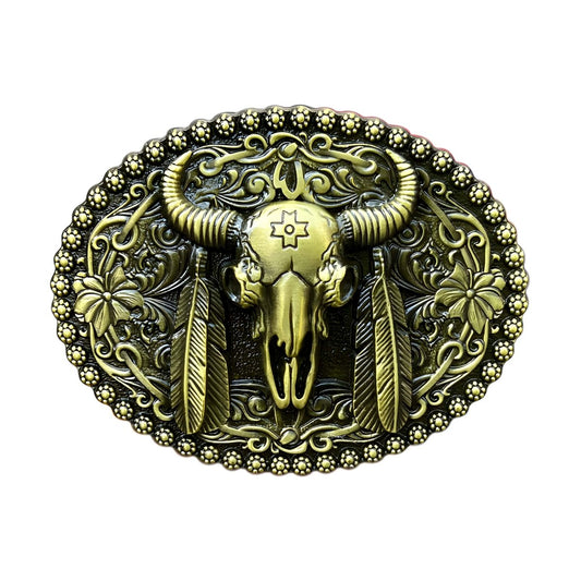 Boucle de ceinture Western, tête de taureau à plumes, modèle Vicente - La Boutique de la Ceinture
