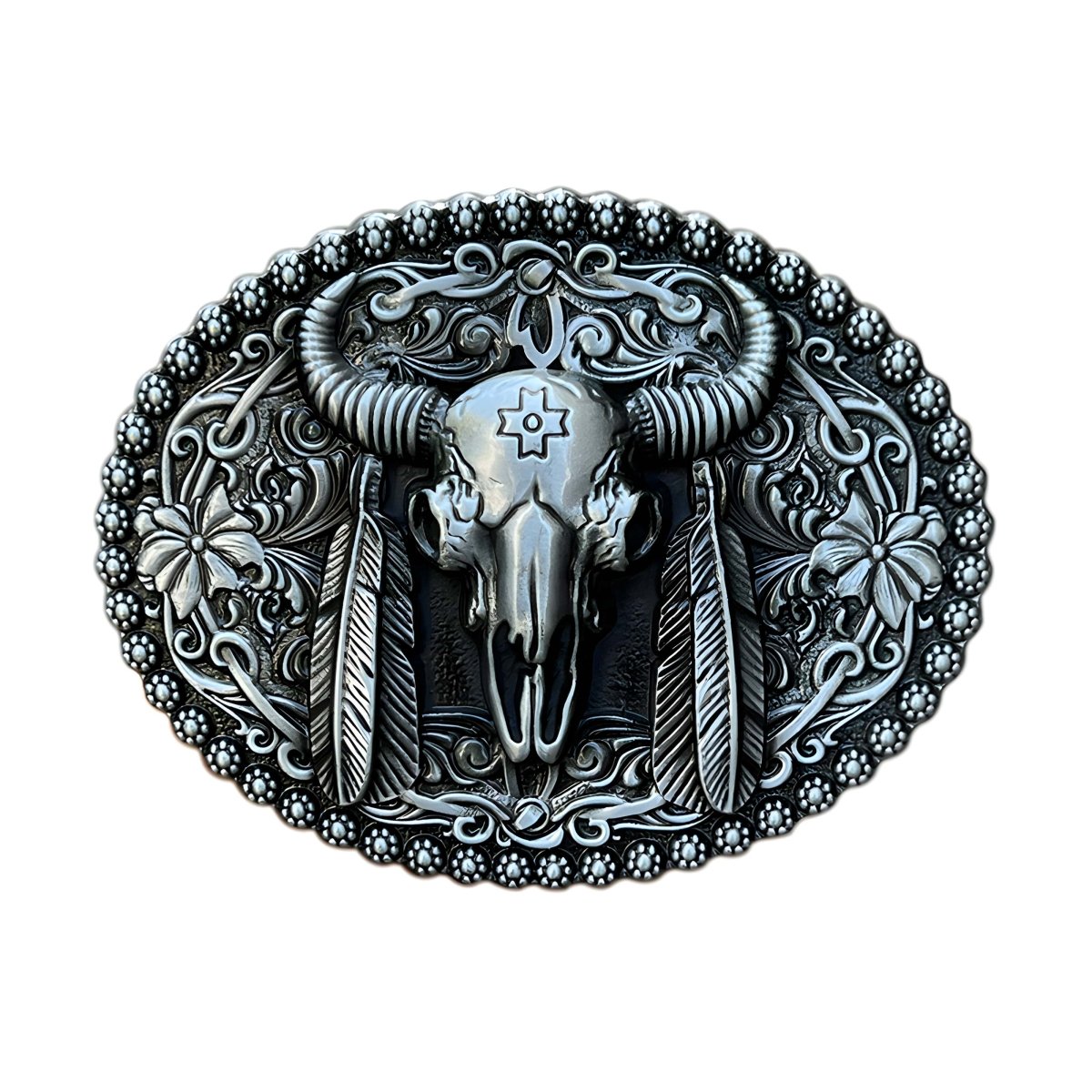 Boucle de ceinture Western, tête de taureau à plumes, modèle Vicente - La Boutique de la Ceinture