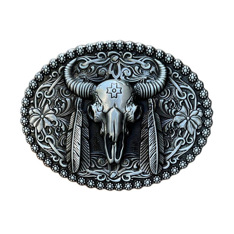 Boucle de ceinture Western, tête de taureau à plumes, modèle Vicente