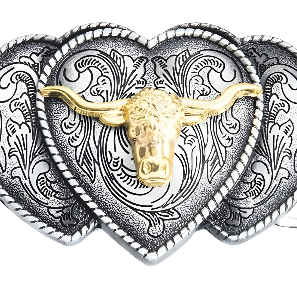 Boucle de ceinture Western, tête de taureau avec cœurs, modèle Virgil - La Boutique de la Ceinture