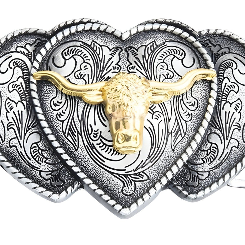 Boucle de ceinture Western, tête de taureau avec cœurs, modèle Virgil