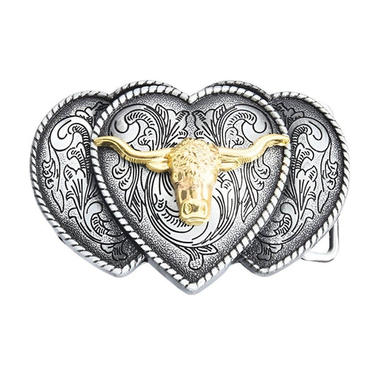 Boucle de ceinture Western, tête de taureau avec cœurs, modèle Virgil - La Boutique de la Ceinture