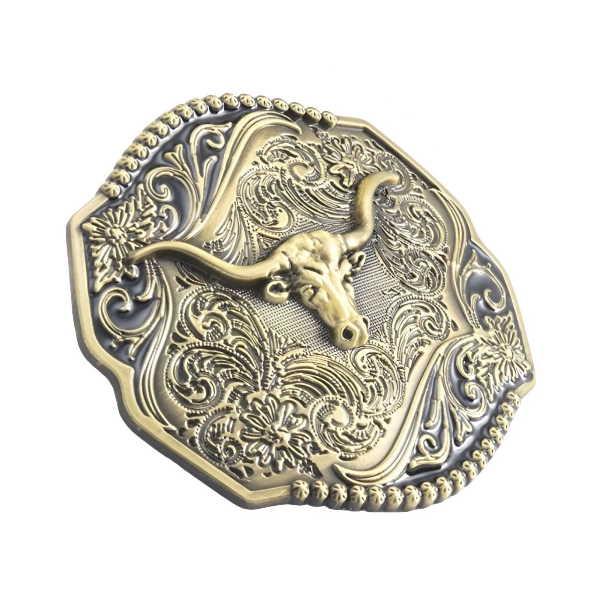 Boucle de ceinture Western, tête de taureau sur fond détaillé, modèle Cyrus - La Boutique de la Ceinture