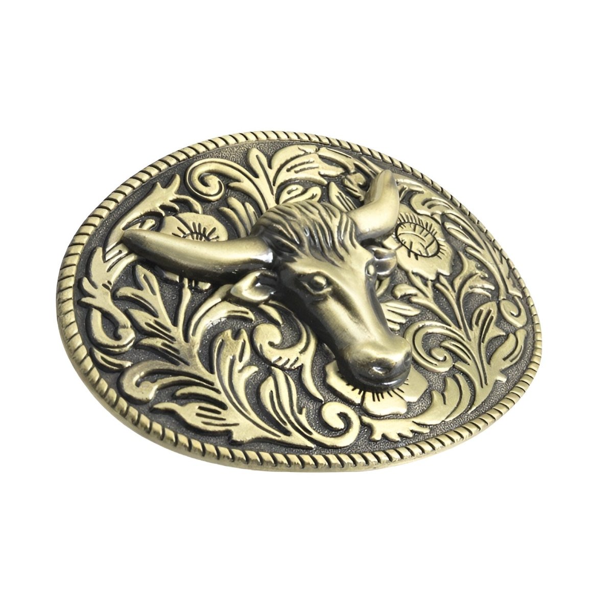 Boucle de ceinture Western, tête de taureau sur fond floral, modèle Emmett - La Boutique de la Ceinture