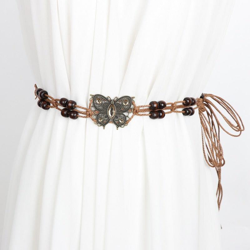 Ceinture à nouer en corde de coton ciré, avec papillons et perles, modèle Ara - La Boutique de la Ceinture
