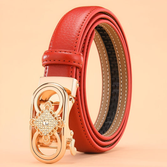 Ceinture automatique en cuir à boucle double anneaux et strass, modèle Selma - La Boutique de la Ceinture