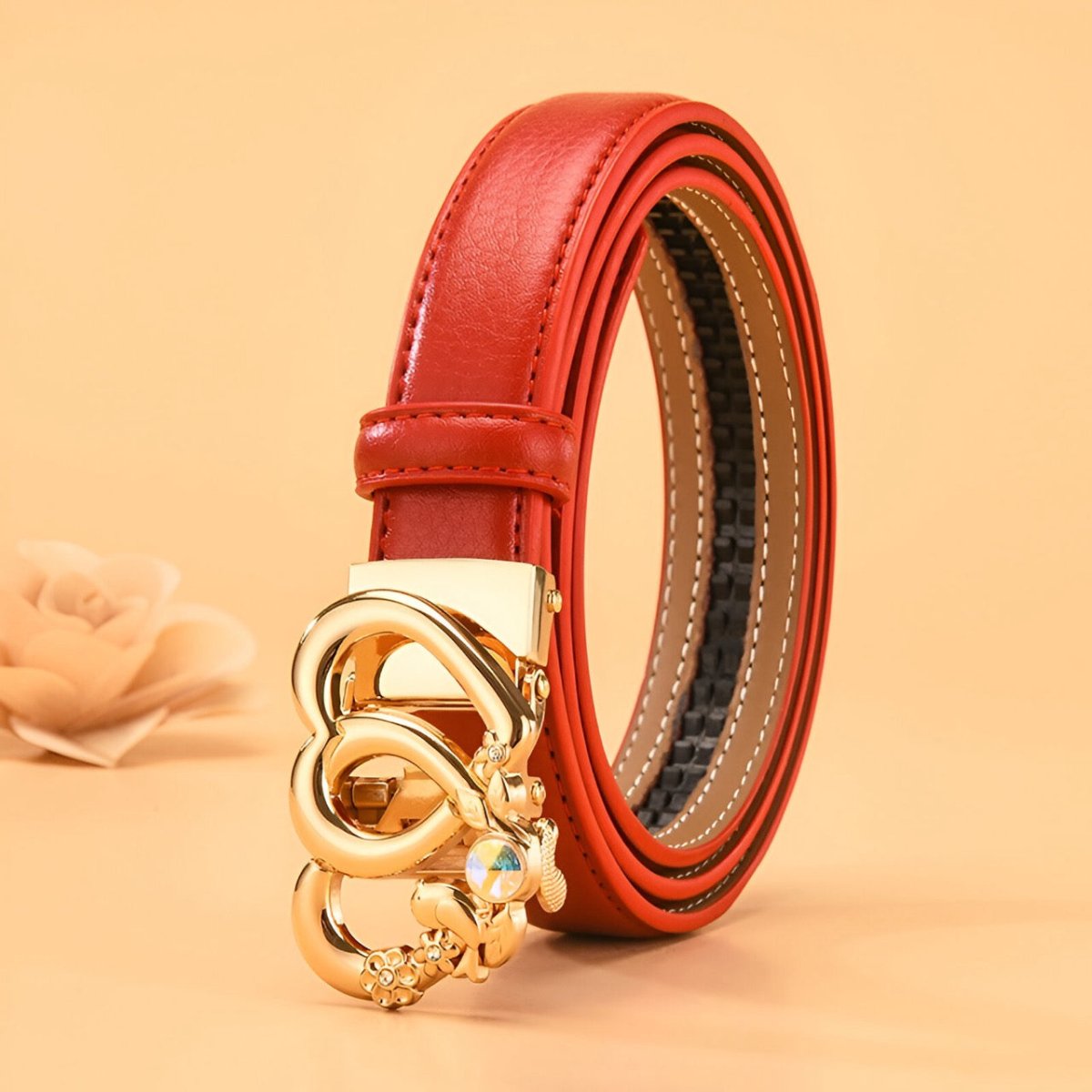 Ceinture automatique en cuir à boucle double coeur pour femme, modèle Kiara - La Boutique de la Ceinture