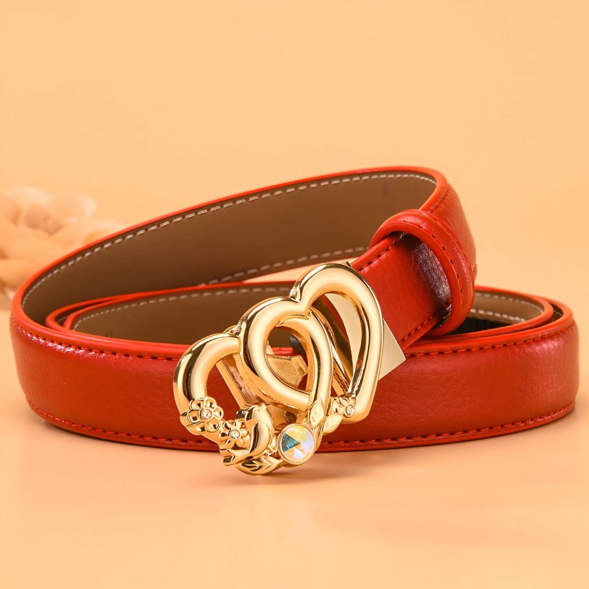 Ceinture automatique en cuir à boucle double coeur pour femme, modèle Kiara - La Boutique de la Ceinture