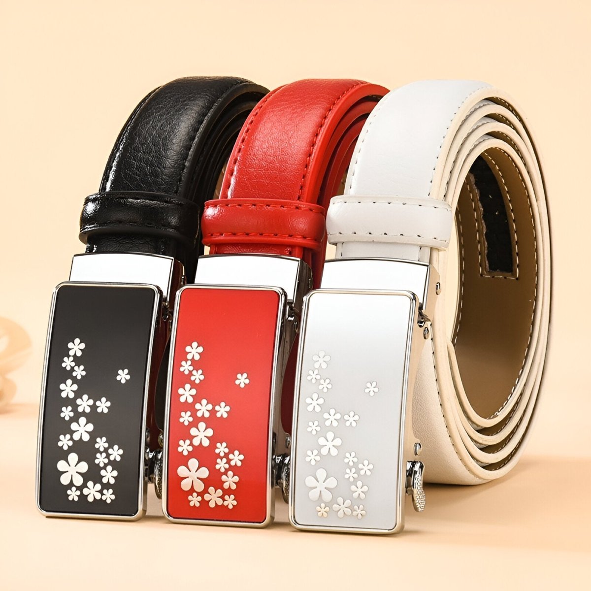 Ceinture automatique en cuir avec boucle fleurie, modèle Mila &ndas Ceinture automatique en cuir avec boucle fleurie, modèle Mila &ndas