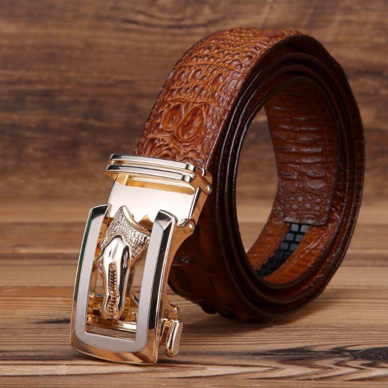 Ceinture cuir véritable boucle dorée crocodile pour homme, modèle Ravil