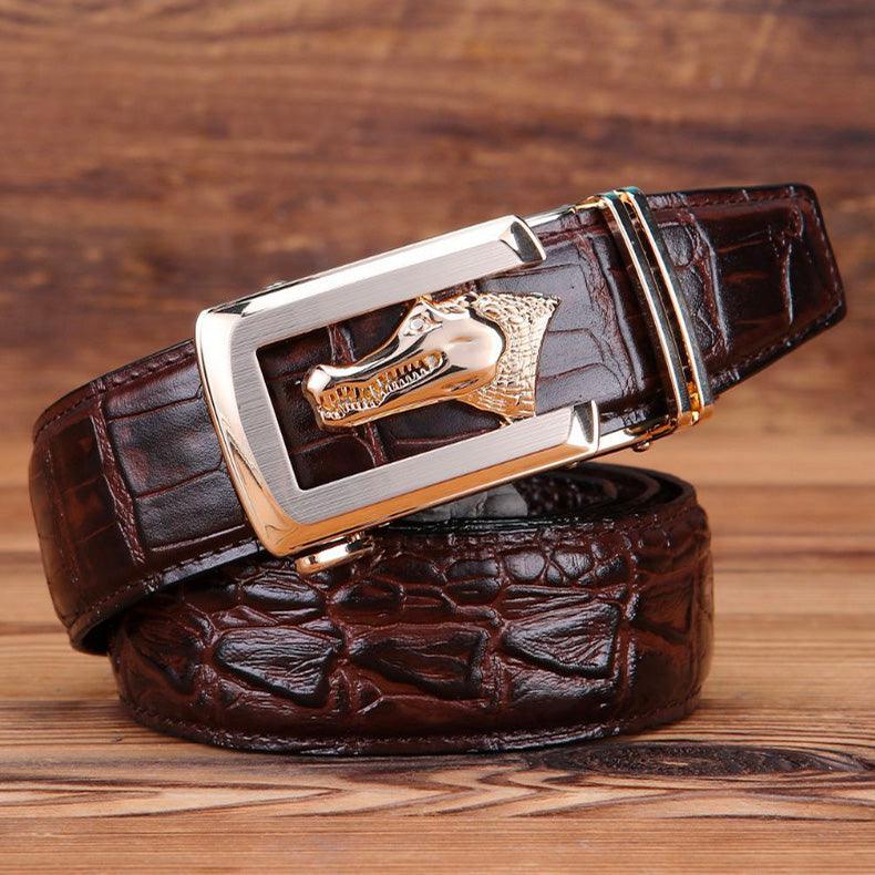 Ceinture cuir véritable boucle dorée crocodile pour homme, modèle Ravil