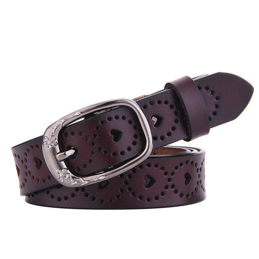 Ceinture en cuir ajouré pour femme motifs coeurs et boucle fleurs, modèle Talma - La Boutique de la Ceinture