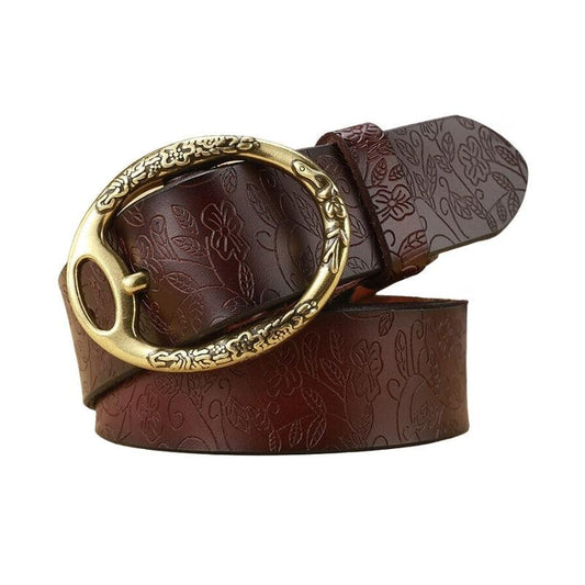 Ceinture en cuir look Bohème pour femme boucle ovale Fleurs, modèle Itotia - La Boutique de la Ceinture