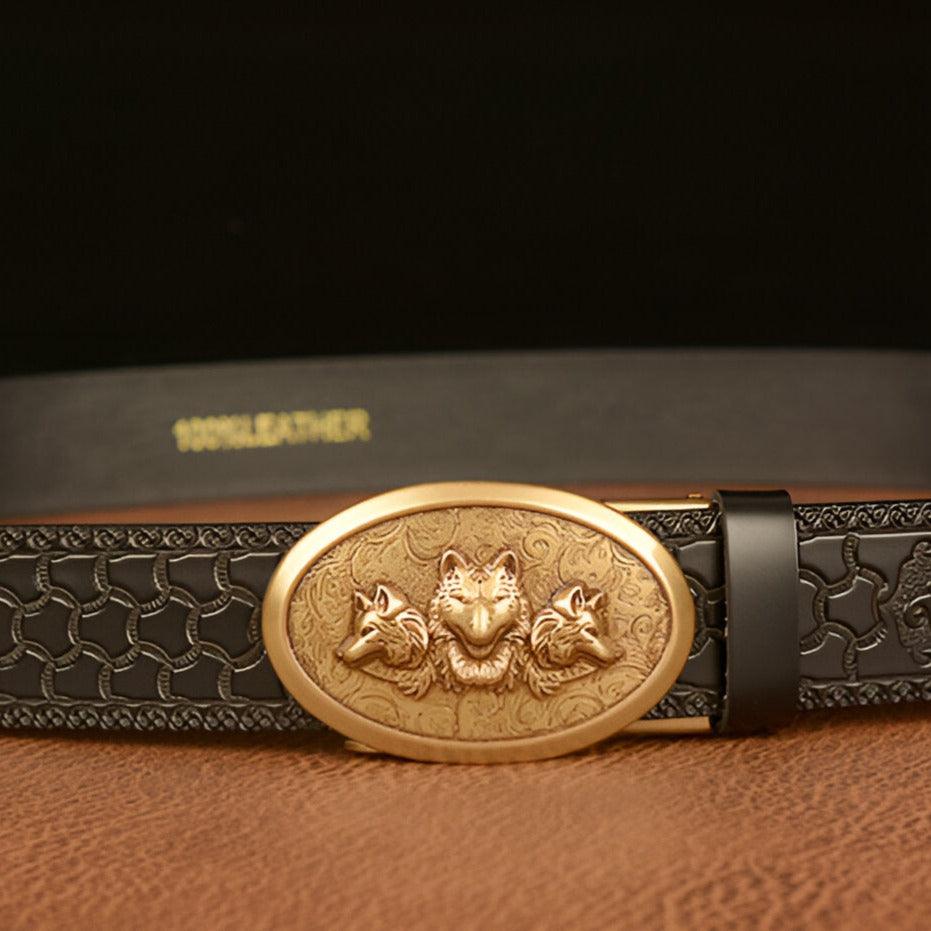 Ceinture En Cuir Gaufré à Boucle Automatique - Tête De Renard/Loup Doré 3D, Coffret Cadeau Homme