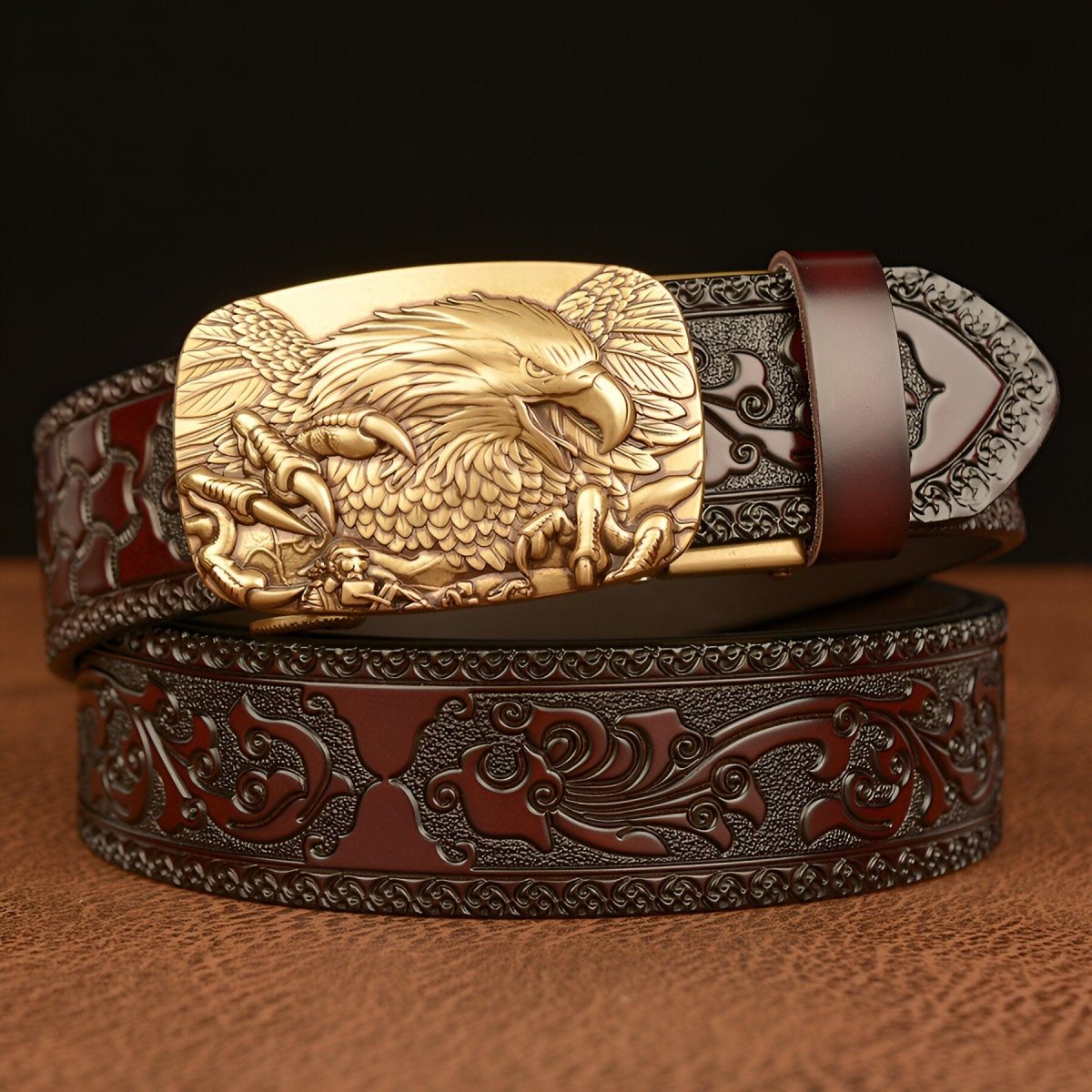 Ceinture Traditionnelle En Cuir Véritable Schöneberger Avec Broderie Aigle - Marron - Largeur 4.2 Cm - Taille 54-56