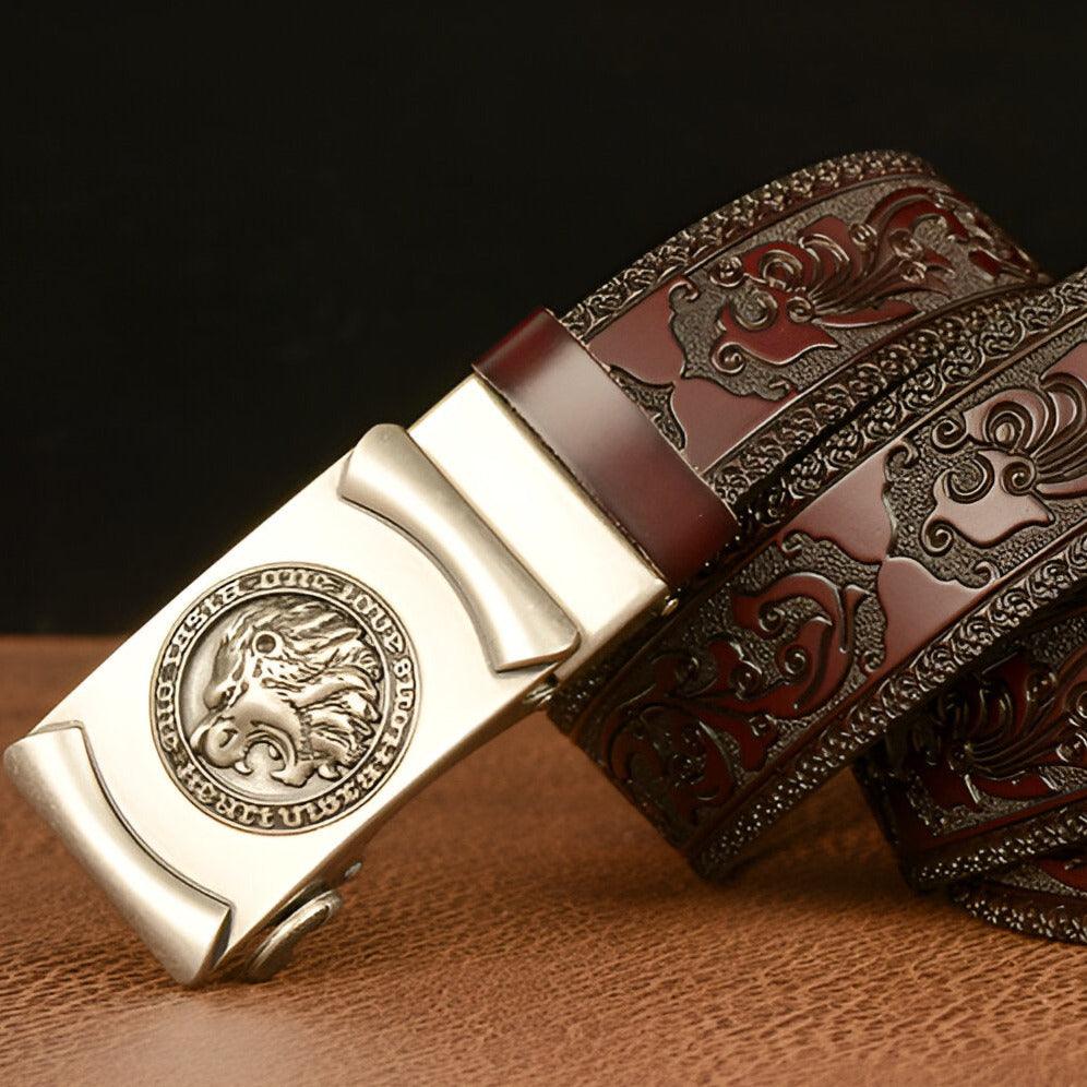 Ceinture Esprit Animal à motif tête de lion, modèle Adriel - La Boutique de la Ceinture