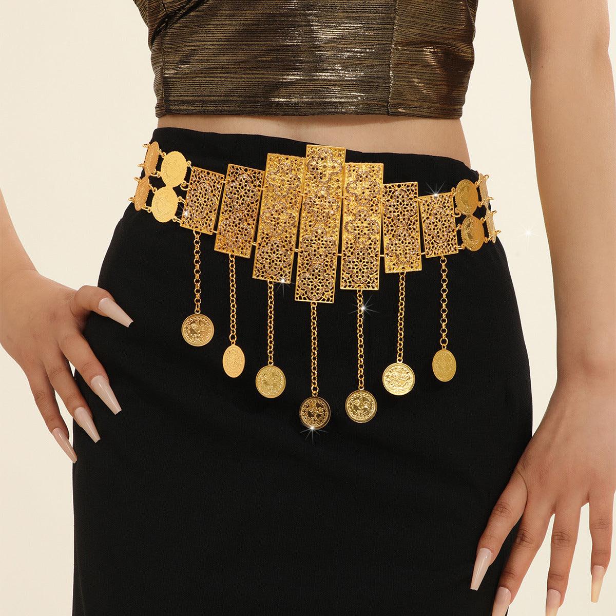 Ceinture marocaine à style géométrique avec pendentifs dorés, modèle Xamira - La Boutique de la Ceinture