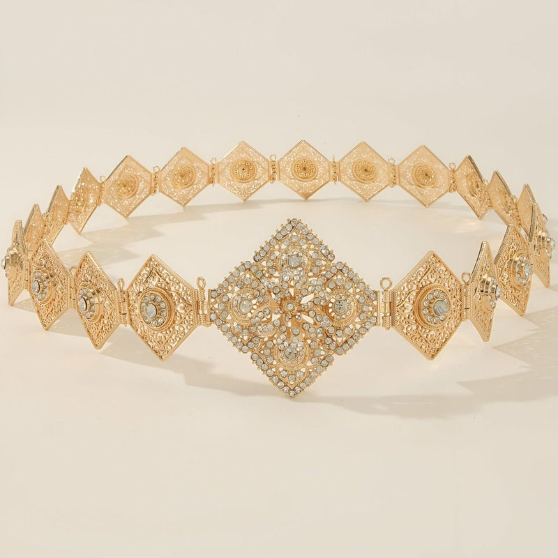 Ceinture marocaine d'un éclat doré et ornée de cristaux scintillants, modèle Serhane