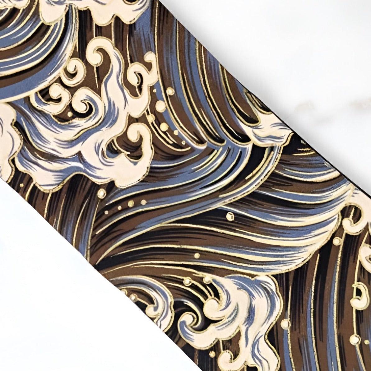 Ceinture Obi à motifs vague japonaise marron, modèle Akio - La Boutique de la Ceinture