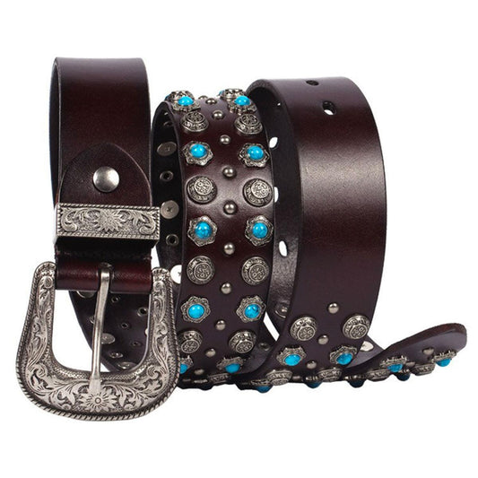 Ceinture Western à Rivets et Turquoises Incrustées, modèle Freda - La Boutique de la Ceinture