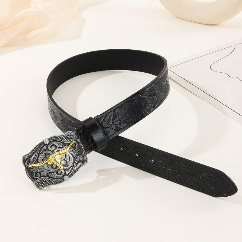 Ceinture Cowboy Western avec Grande Boucle Tête de Taureau - Accessoire en Cuir Punk Rétro pour Jeunes Hommes Ceinture Cowboy Western avec Grande Boucle Tête de Taureau - Accessoire en Cuir Punk Rétro pour Jeunes Hommes