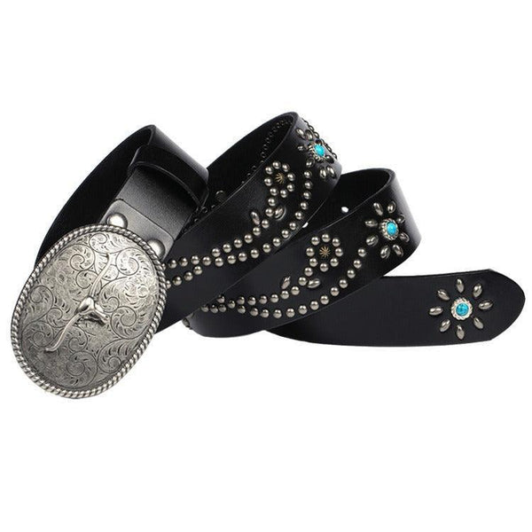 Ceinture artisanale 4 cm cuir noir boucle plaque Strass made in France