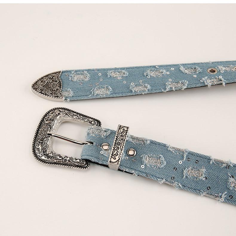 Ceinture Western Jean et Sequins avec Boucle Fantaisie, modèle Makenna - La Boutique de la Ceinture