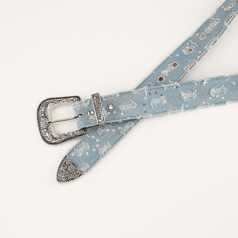 Ceinture Western Jean et Sequins avec Boucle Fantaisie, modèle Makenna - La Boutique de la Ceinture