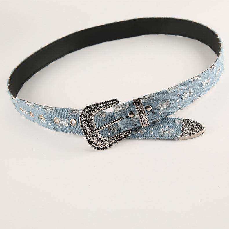 Ceinture Western Jean et Sequins avec Boucle Fantaisie, modèle Makenna - La Boutique de la Ceinture